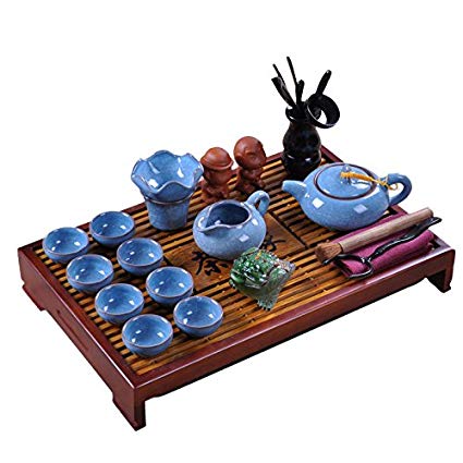 ufengke Chinese Ceramic Kung Fu Tea Sets, Tea Service, Gift Tea Sets With Tea Tray And Tea Pet, Light Blue