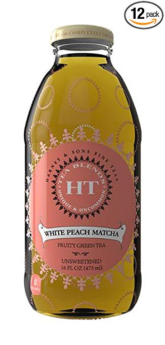 Harney & Sons White Peach Matcha, Fruity Green Tea, Unsweetened, 16 oz Glass Bottles (12 Pack)